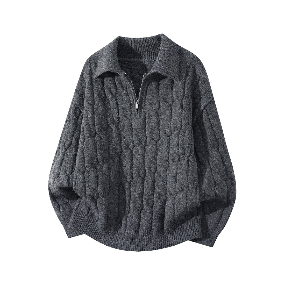 Unisex Oversize Zopfstrickpullover mit Halbreißverschluss und Hemdkragen Echoarchiv