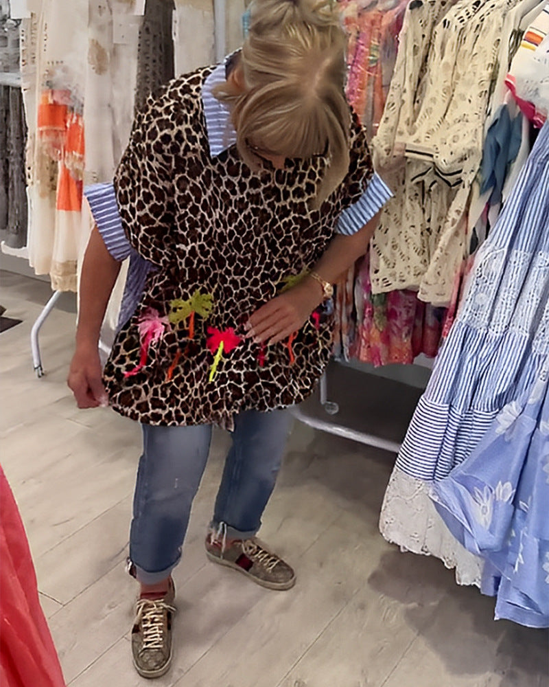 Damen nan weit geschnittene Poncho-Tunika mit Leoprint und dekorativen Flamingo-Applikationen Echo Archiv
