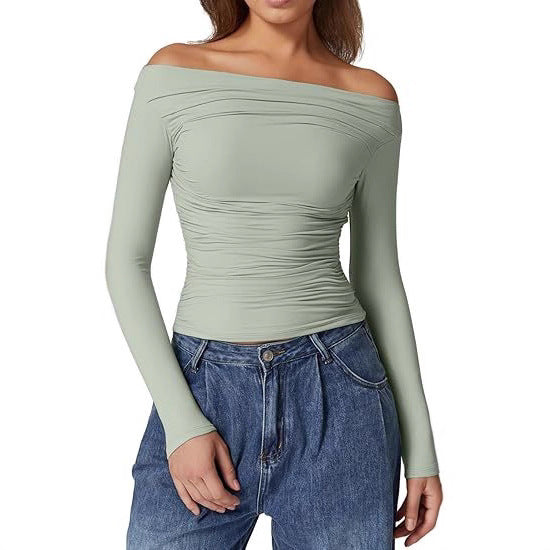 Damen Schulterfreies tailliertes Stretch-Longsleeve mit Raffung und figurbetonter Silhouette – Avérine