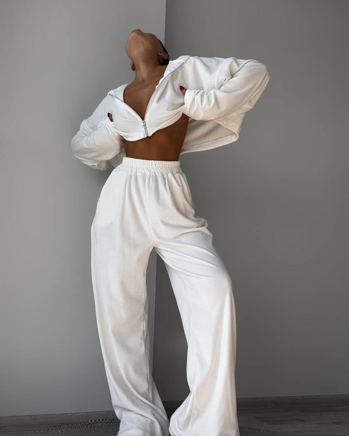 Damen kurzes Samt-Cropped-Zipshirt mit weitem High‑Waist Palazzo‑Hose Zweiteiler – Élanora
