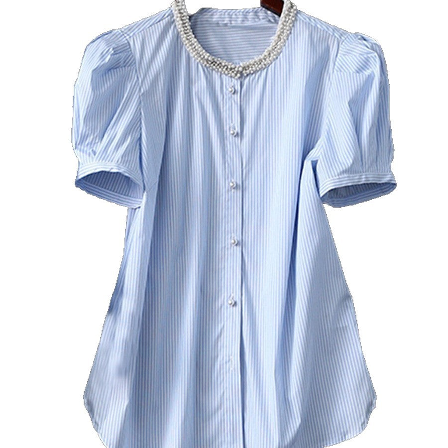 Damen Gestreifte Bluse mit perlenbesetztem Rundhals, verdeckter Knopfleiste und extra langen Manschetten Echo Archiv