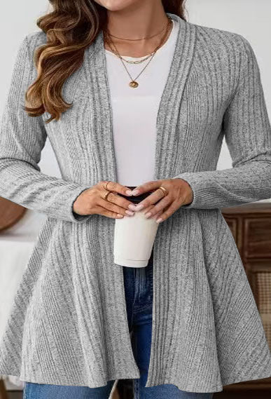 Damen Offener Gerippter Longcardigan mit ausgestelltem Saum Echoarchiv