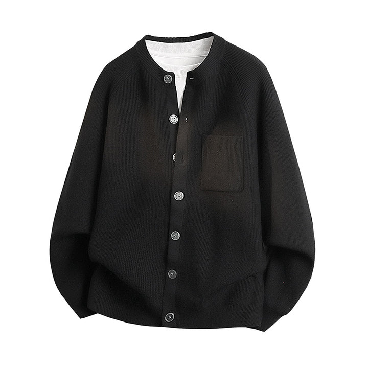 Unisex Leichter Feinstrick-Cardigan mit Rundhalsausschnitt, Brusttasche und Raglanärmeln Echoarchiv