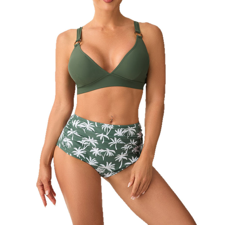 Damen Hochtailliertes Bikini-Set mit verstellbaren Trägern und stilvollem Palmendruck Echo Archiv