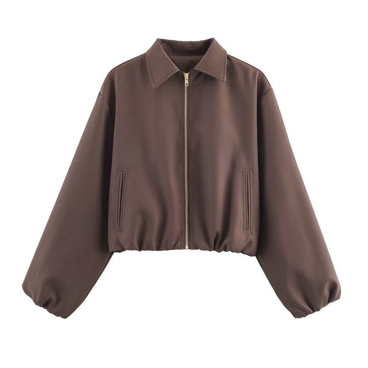 Damen Kurzjacke aus veganem Leder mit Kentkragen, durchgehendem Reißverschluss und gerafftem Saum Echo Archiv