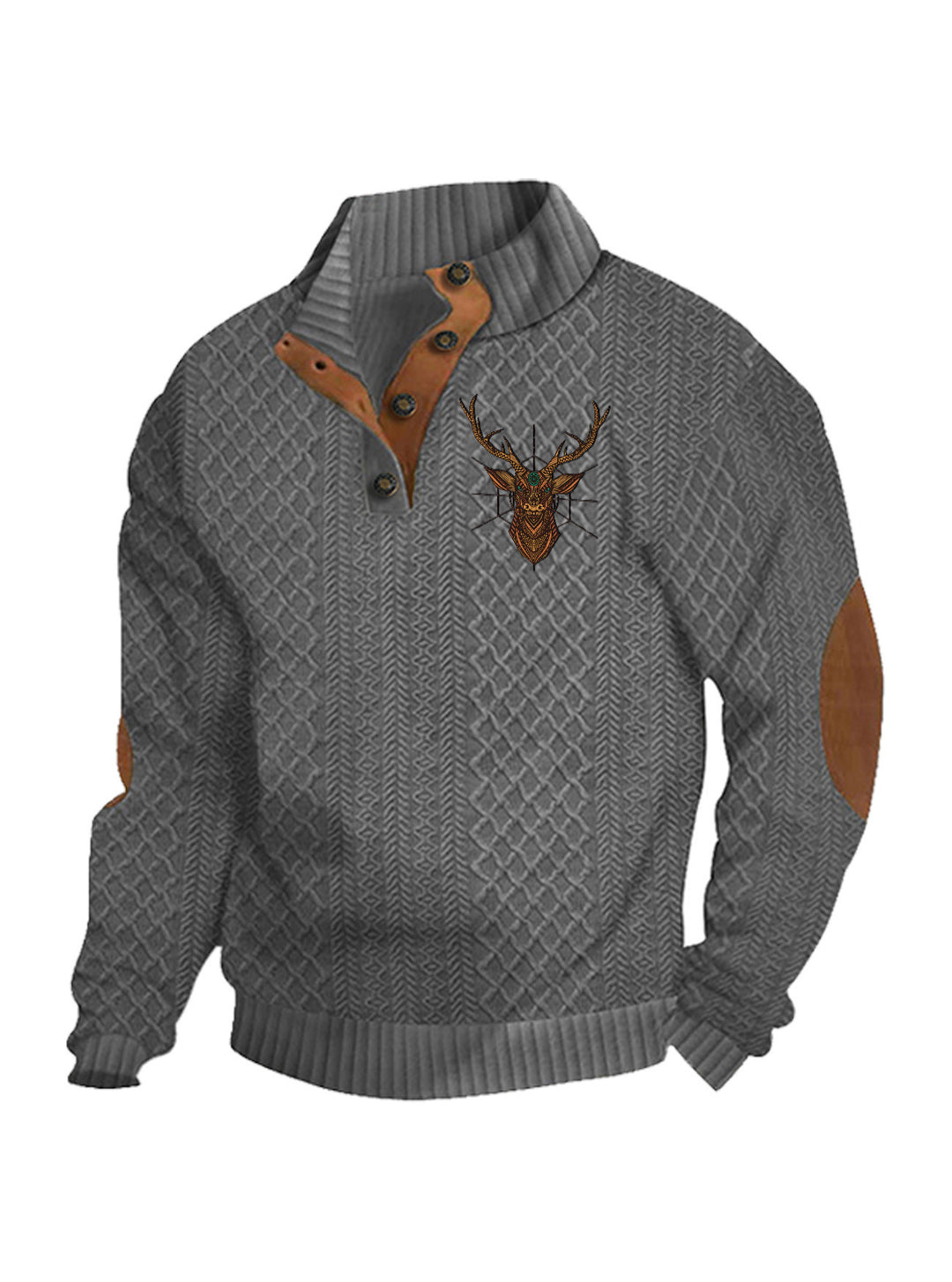Herren nan Heritage-Strukturpullover mit Stehkragen Lederimitat-Besatz Ellenbogen-Patches und Halbknopfleiste Echo Archiv