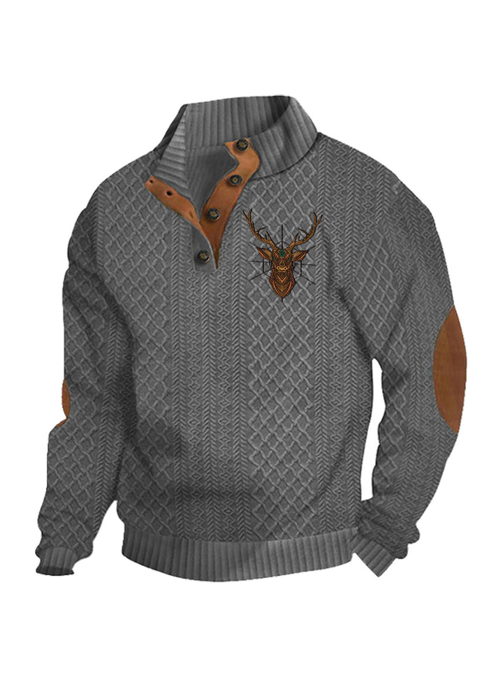 Herren nan Heritage-Strukturpullover mit Stehkragen Lederimitat-Besatz Ellenbogen-Patches und Halbknopfleiste Echo Archiv