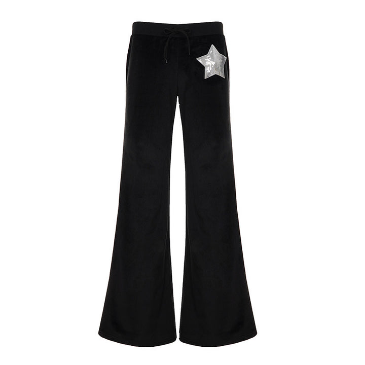 Damen Weite Velours-Sweatpants mit Kordelzug, ausgestelltem Bein und Pailletten-Stern – Avélisse