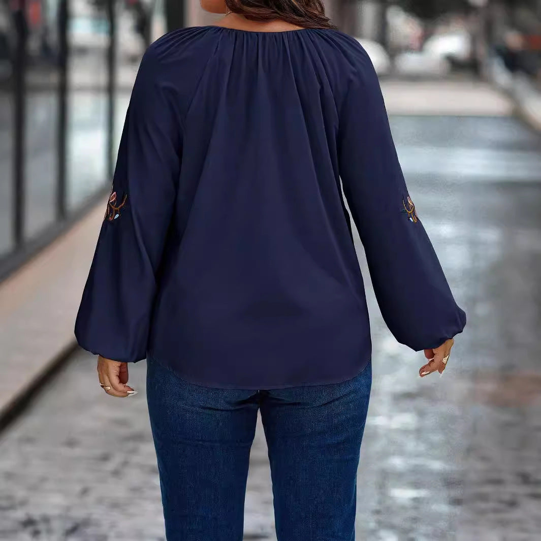 Damen Locker sitzende V-Ausschnitt Bluse mit floraler Stickerei an Ballonärmeln – Élovi