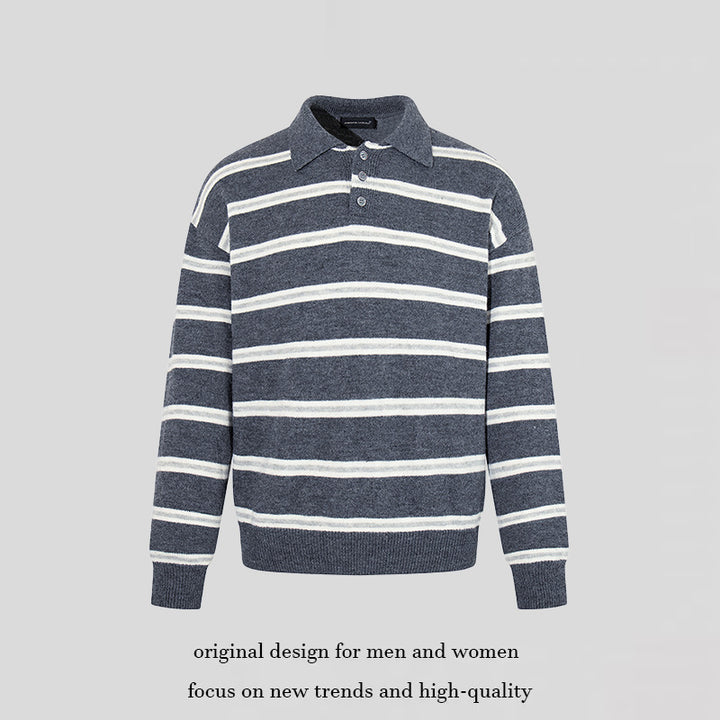 Herren Strick-Poloshirt mit Streifenmuster, Polokragen und Knopfleiste Echoarchiv