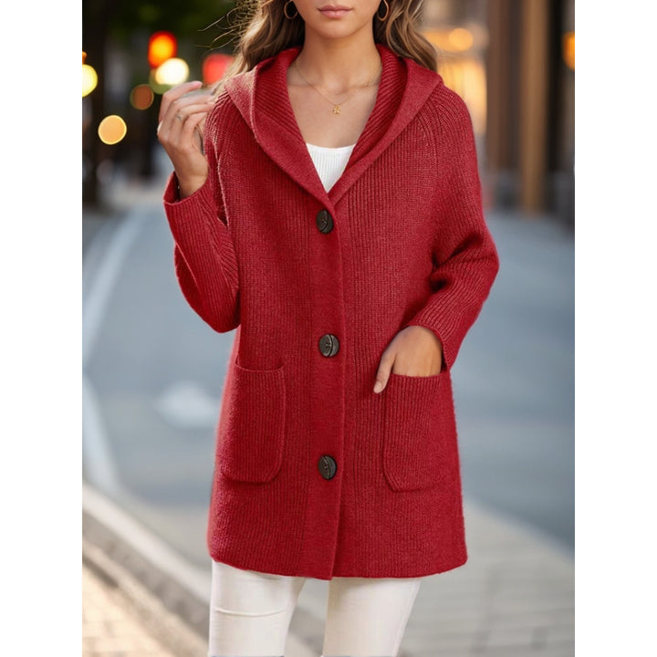 Damen nan lange gerippte Kapuzen-Strickjacke mit aufgesetzten Taschen und markanten Knöpfen Echo Archiv