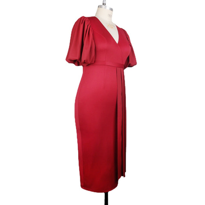 Damen elegantes Faltenkleid mit V-Ausschnitt und voluminösen Ärmeln Echo Archiv