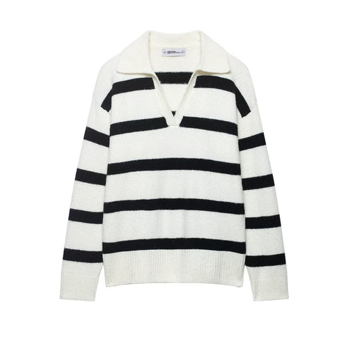 Damen Gestreifter Oversize-Pullover mit Polokragen und tiefem V-Ausschnitt Echoarchiv