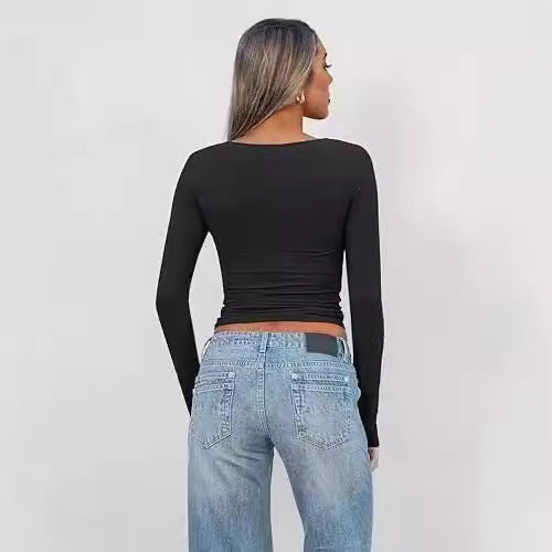 Damen Enganliegendes Langarm-Top mit tiefem V‑Ausschnitt und Twist‑Detail Echo Archiv