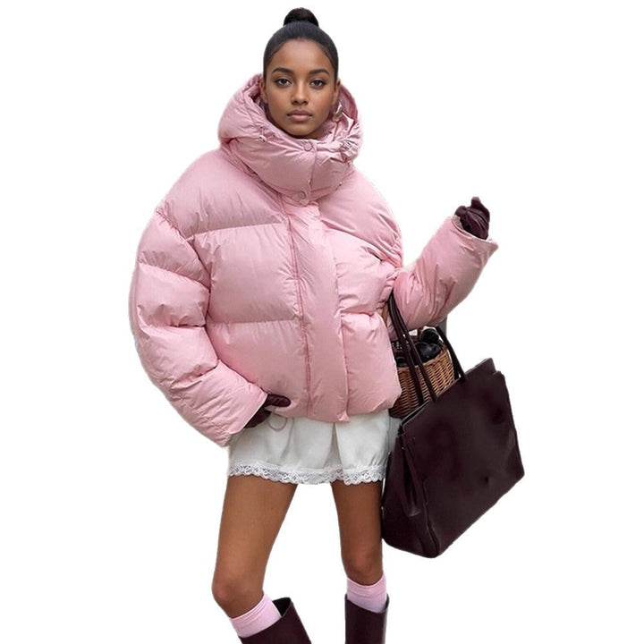 Damen kurze oversized Stepp-Daunenjacke mit Kapuze und hohem Stehkragen Echoarchiv