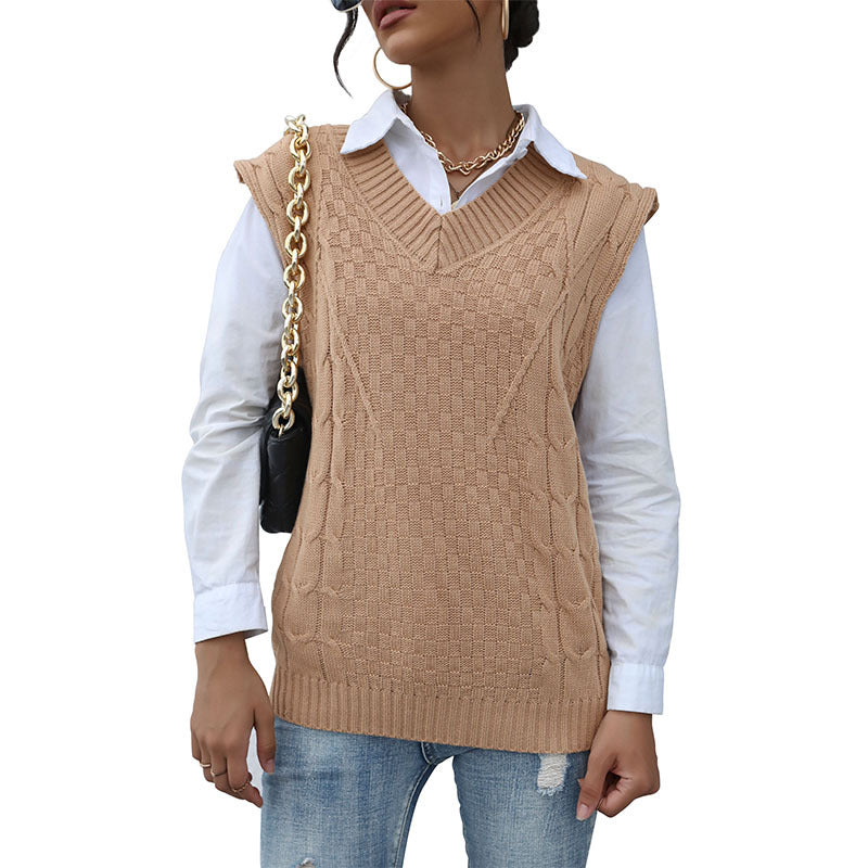 Damen Strick-Weste mit V‑Ausschnitt, Zopfmuster und lässiger Oversize-Silhouette Echoarchiv