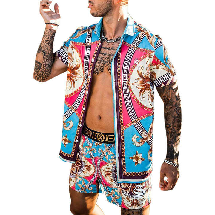 Männer Lebhaftes Tropenprint Kurzarmhemd und Passende Badehose Set Echoarchiv