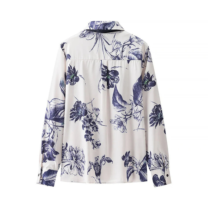 Damen satiniertes Hemd mit Schleifenkragen und floralem Print – Élovi