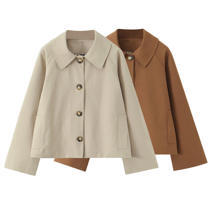 Damen Kurz geschnittene Boxy-Jacke mit weitem Hemdkragen und durchgehender Knopfleiste Echoarchiv