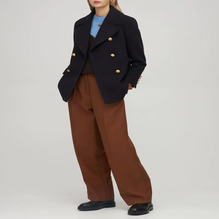 Damen Kurzer Zweireihiger Wollmix-Peacoat mit goldenen Zierrundknöpfen und taillierter Silhouette Echoarchiv