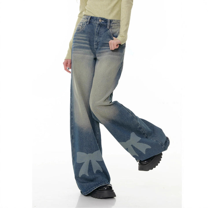 Damen nan hochtaillierte Palazzohose aus Denim mit extra weitem Bein und Schleifenprint Echo Archiv
