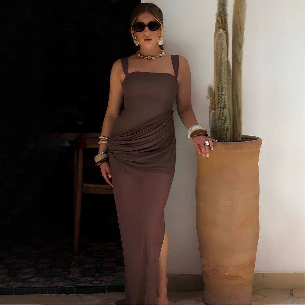 Damen Elegantes Maxikleid mit raffinierten Drapierungen und transparentem Rock Echo Archiv