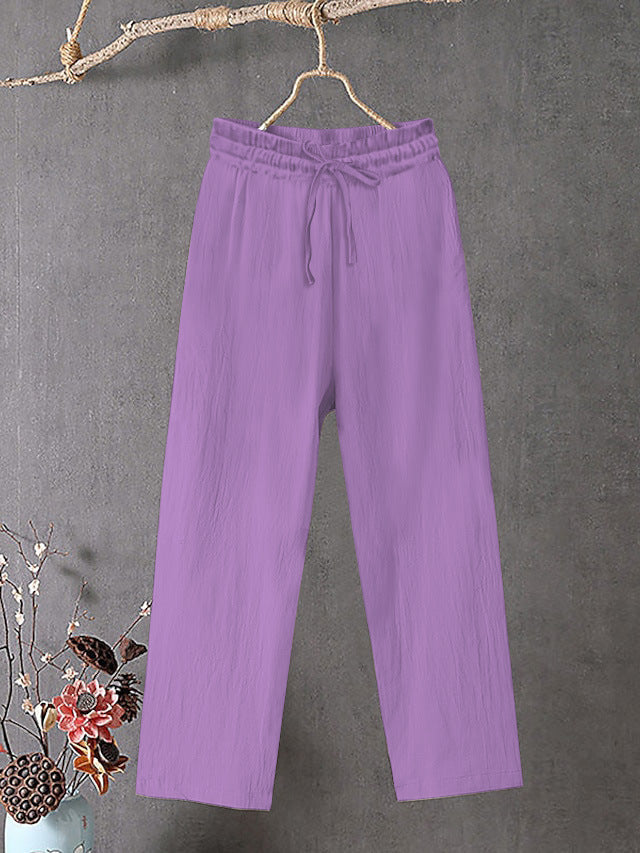 Damen Crinkle Leinenmischung Hose mit elastischem Kordelzug, gerade Beinform und lässiger Passform – Avélisse