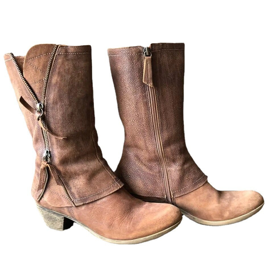 Damen Wadenhohe Western‑Stiefel aus Veloursimitat mit dekorativen Reißverschlüssen und niedrigem Blockabsatz Echo Archiv