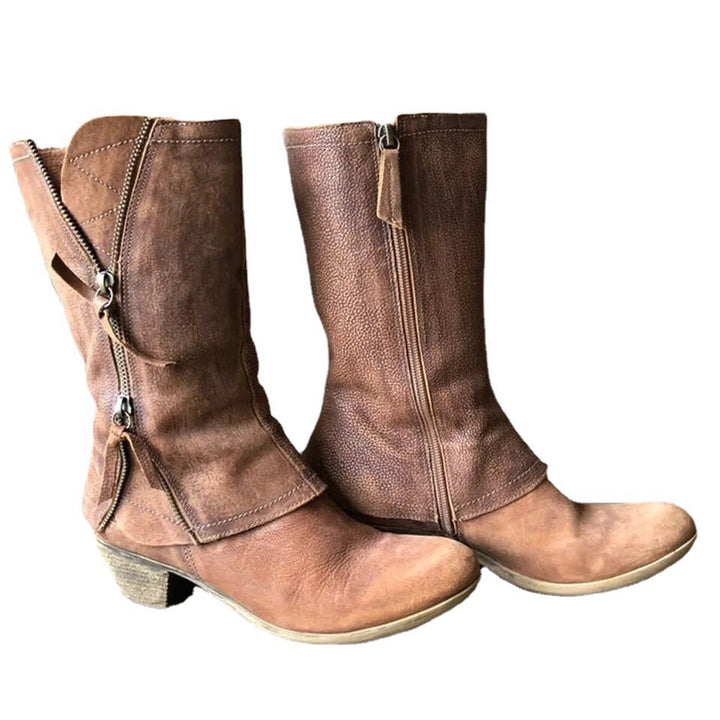 Damen Wadenhohe Western‑Stiefel aus Veloursimitat mit dekorativen Reißverschlüssen und niedrigem Blockabsatz Echo Archiv