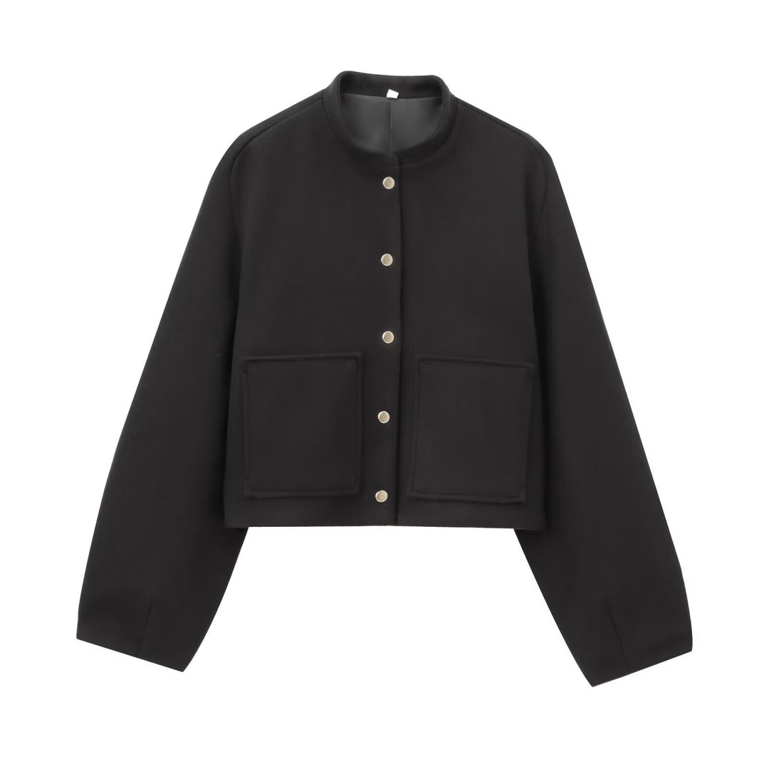 Damen Cropped Wollmix‑Jacke im Boxy‑Schnitt mit Stehkragen und aufgesetzten Taschen Echoarchiv