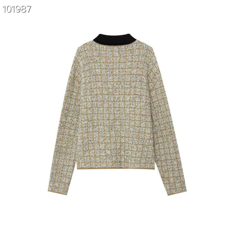 Damen Feinstrick-Polo mit Tweed-Optik, langarm und kontrastierendem Kragen Echo Archiv