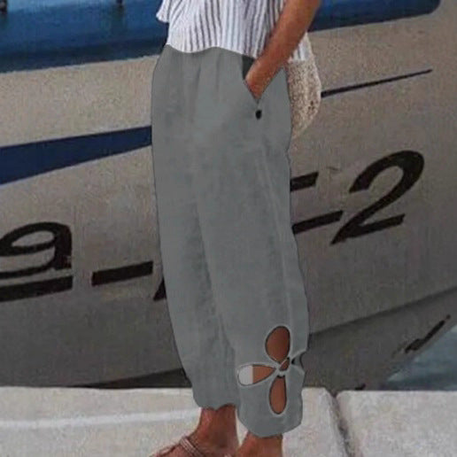 Damen nan knöchellange Culottehose mit elastischem Bund, Eingrifftaschen und floraler Saumaussparung Echo Archiv