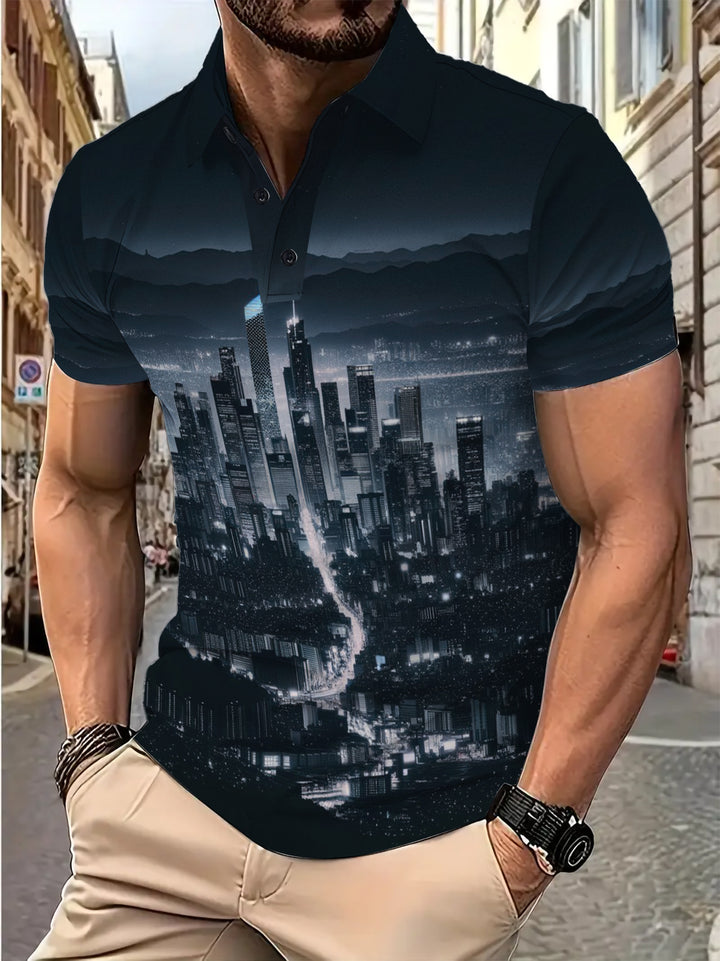 Herren Polohemd mit kreativem Hochhausmotiv Echoarchiv