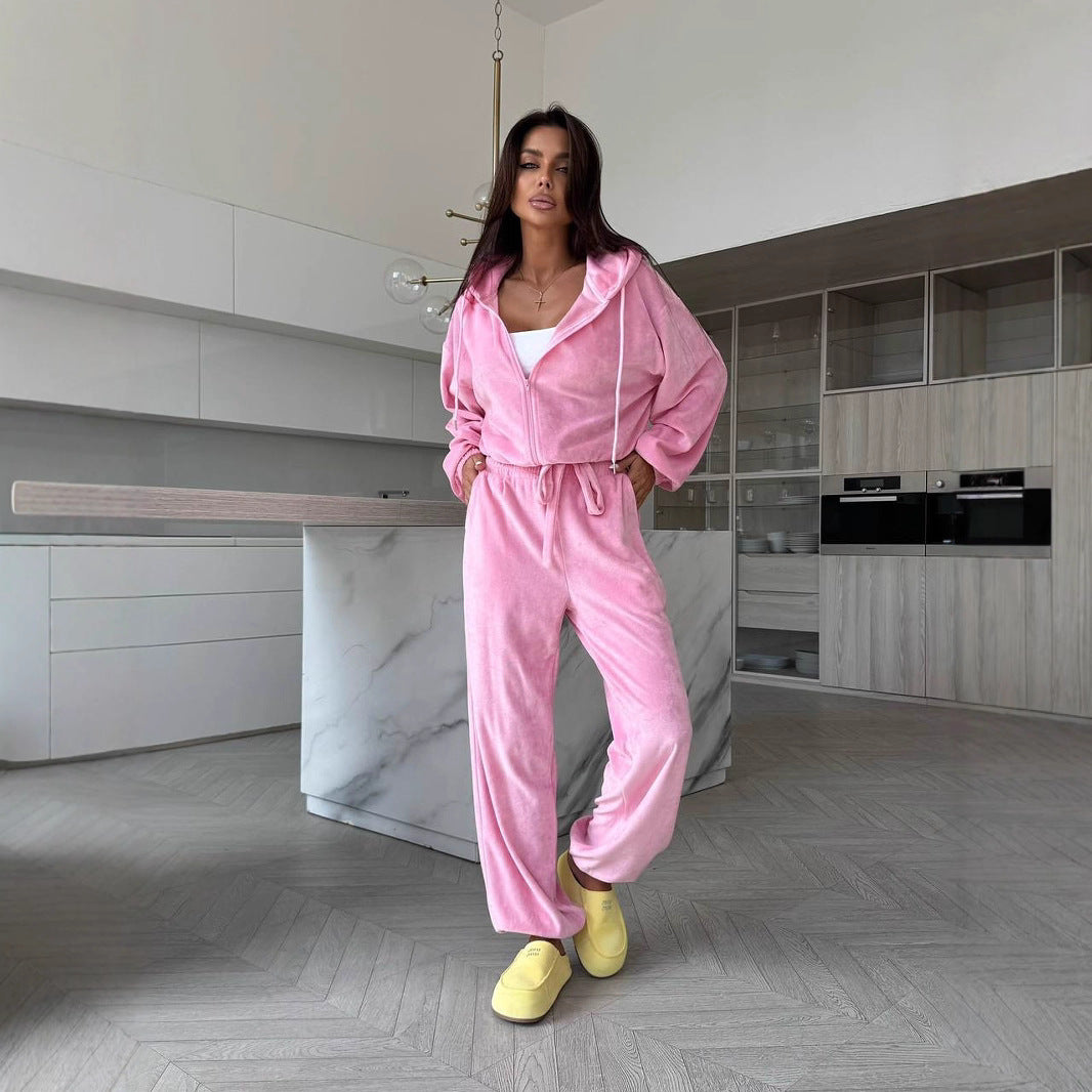 Damen weiches Velours Lounge-Set mit Kapuzenjacke, Reißverschluss und weiten Komforthosen – Auréline