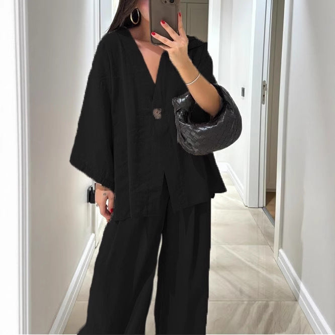 Damen nan entspanntes Zweiteiler-Leinenensemble mit kimonoartiger Oversize-Jacke und weiter Palazzohose Echo Archiv
