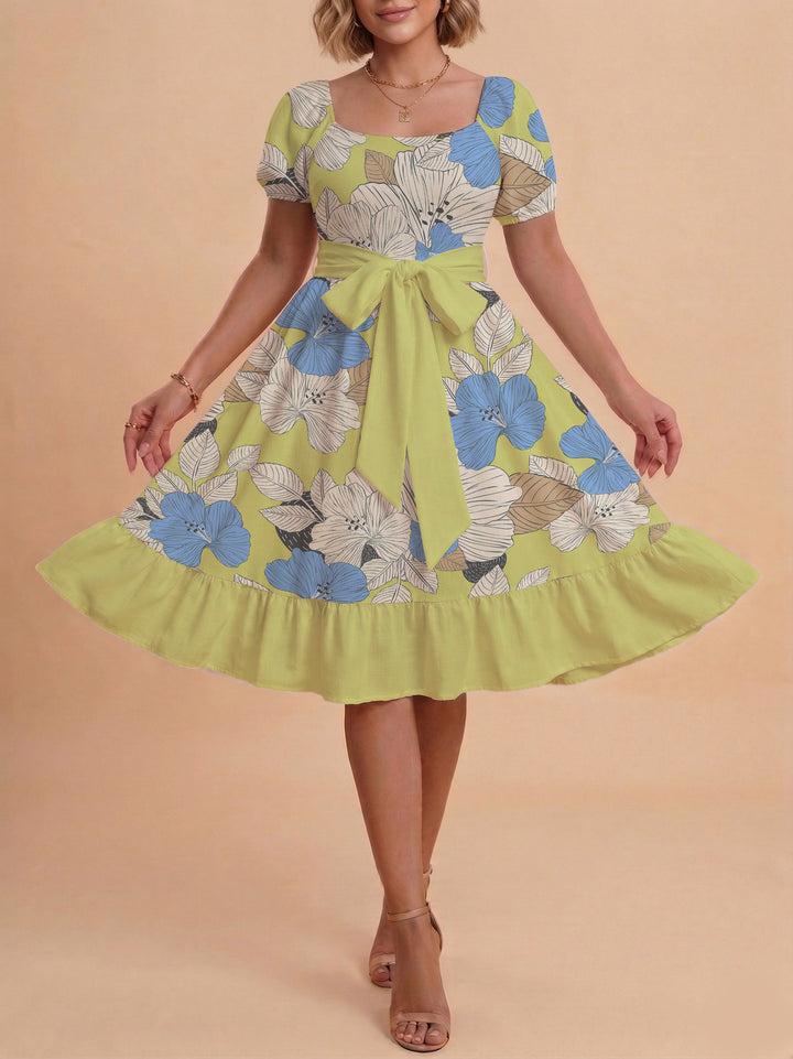 Damen Blumenkleid mit taillierbarem Gürtel und voluminösen Ärmeln Echo Archiv