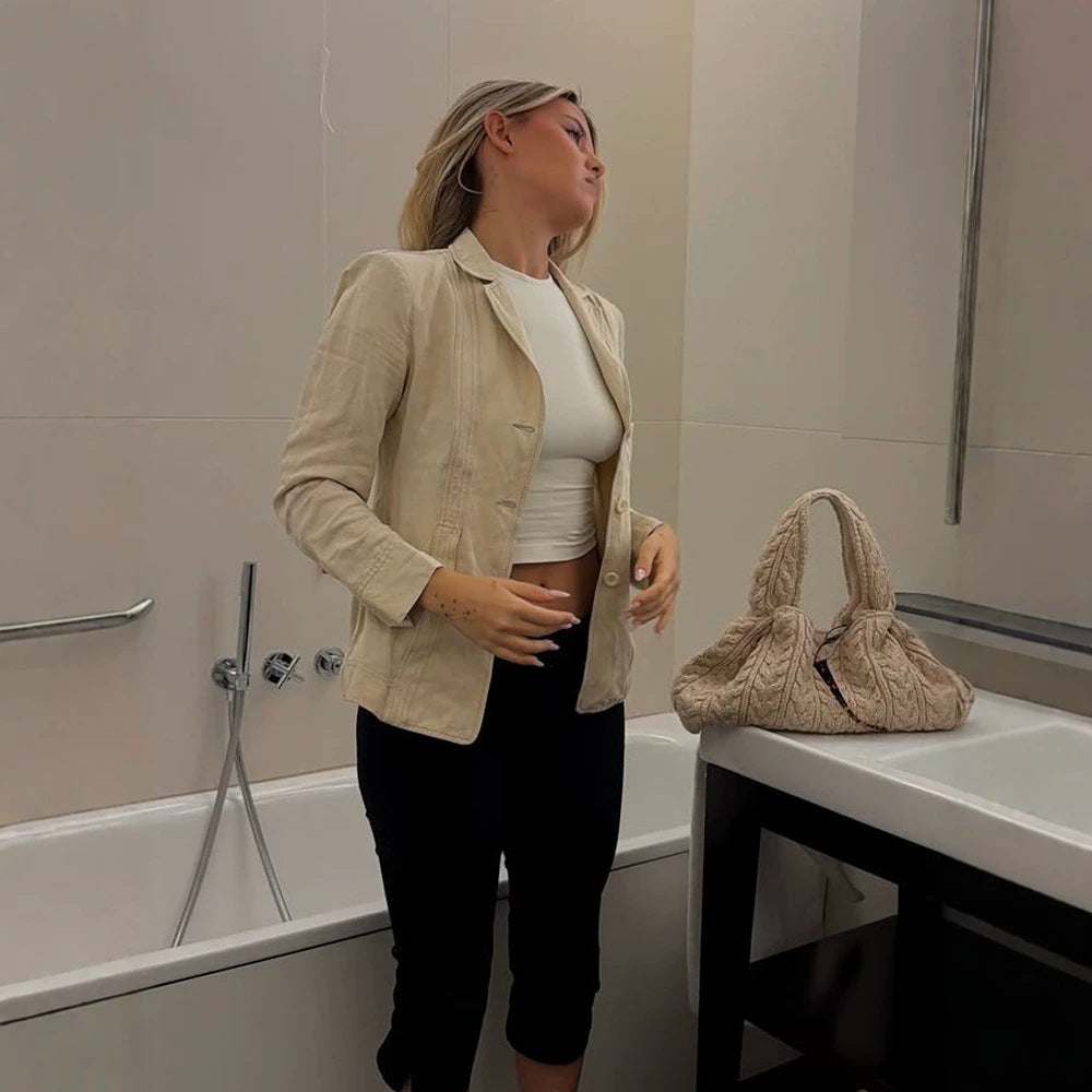 Damen Leichter strukturierter Leinenblazer mit Relaxed‑Fit, Ein-Knopf‑Verschluss & aufgesetzten Taschen Echoarchiv
