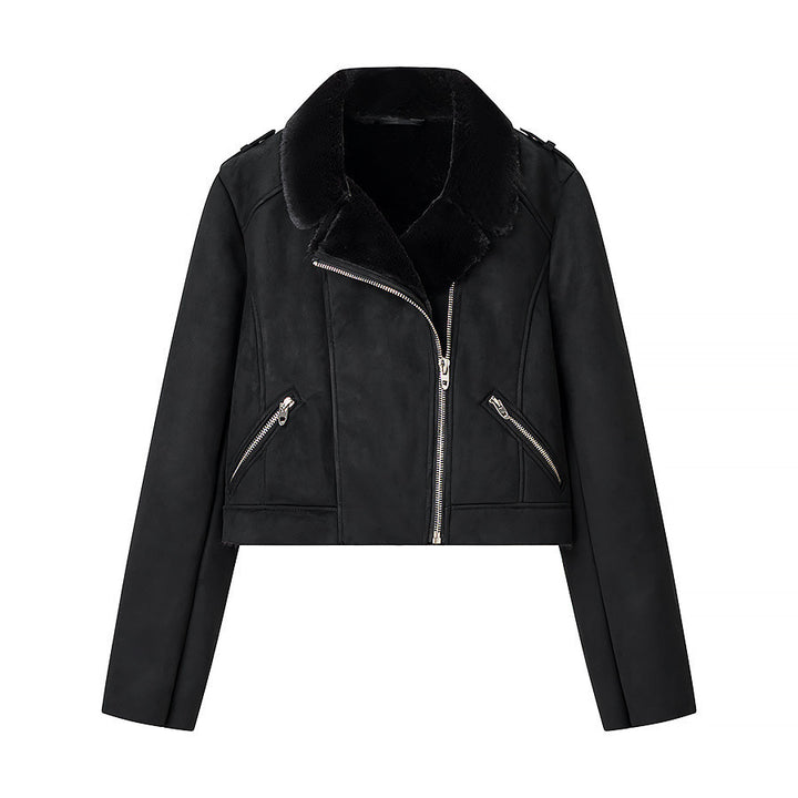 Damen Kurze Bikerjacke mit Kunstfellkragen und Wildlederoptik Echo Archiv