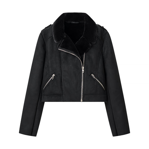 Damen Kurze Bikerjacke mit Kunstfellkragen und Wildlederoptik Echo Archiv