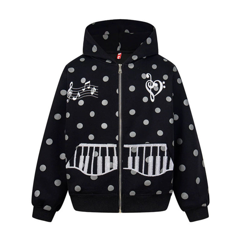 Damen Kapuzen-Sweatjacke im Retro-Punkte-Look mit gestickten Klavier-Taschen und Noten-Emblem Echoarchiv