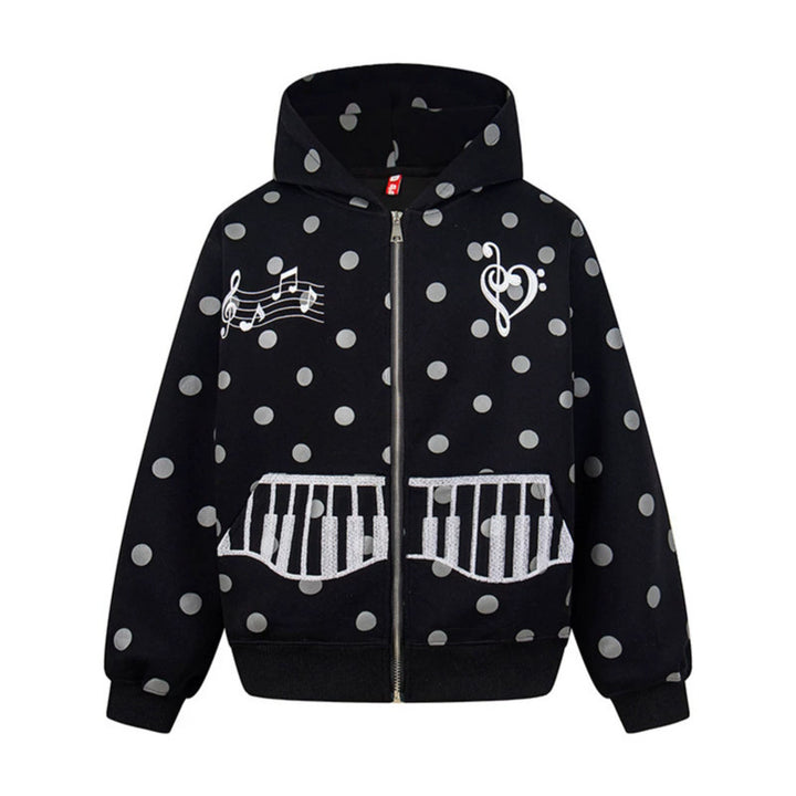 Damen Kapuzen-Sweatjacke im Retro-Punkte-Look mit gestickten Klavier-Taschen und Noten-Emblem Echoarchiv