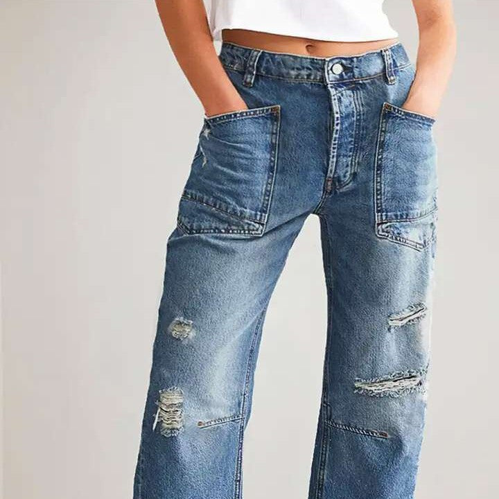 Damen nan oversized Straight-Leg-Jeans mit aufgesetzten Cargo-Taschen und Used-Effekten Echo Archiv