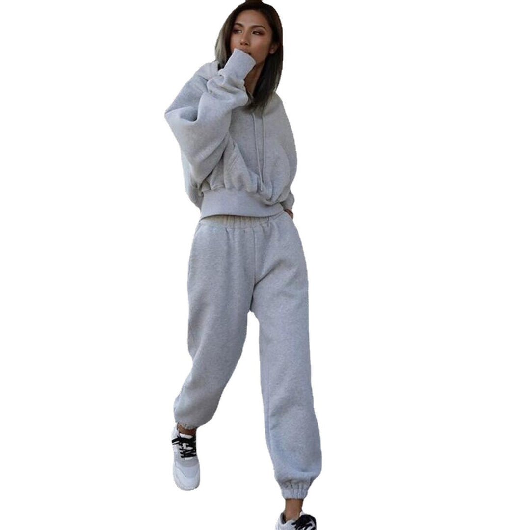 Damen kurzes Oversize-Kapuzenpullover-Set mit elastischer High-Waist-Jogginghose aus Baumwollfleece – Auréline