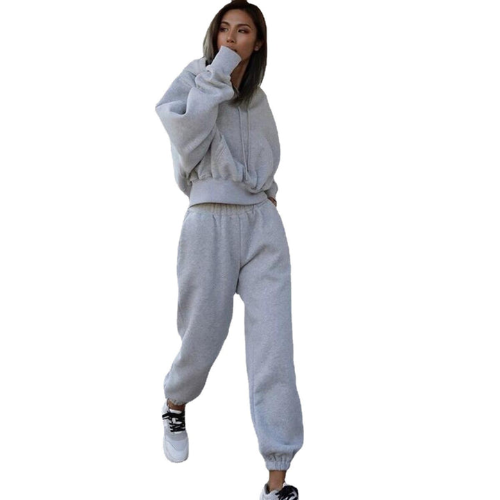 Damen kurzes Oversize-Kapuzenpullover-Set mit elastischer High-Waist-Jogginghose aus Baumwollfleece – Auréline