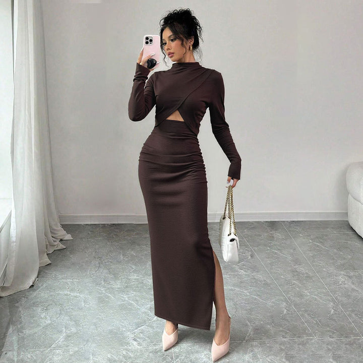 Damen geripptes Maxikleid mit gedrehtem Vorderteil Cut-Out taillierter Raffung und hohem Seitenschlitz – Valéora