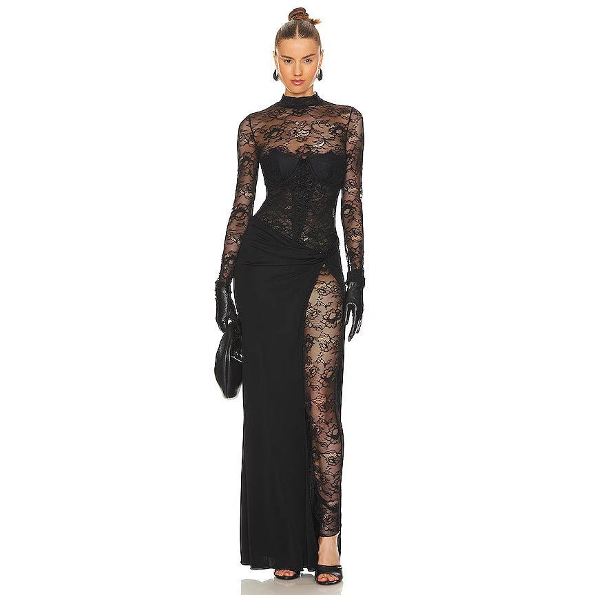 Damen Lange Spitze Kleid mit transparenten Einsätzen und elegantem Schlitz Echo Archiv