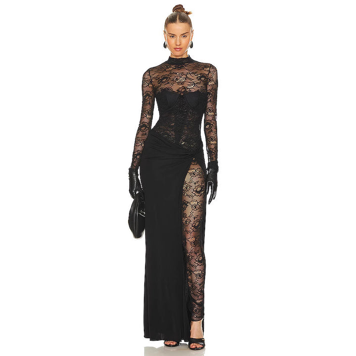 Damen Lange Spitze Kleid mit transparenten Einsätzen und elegantem Schlitz Echo Archiv