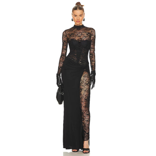 Damen Lange Spitze Kleid mit transparenten Einsätzen und elegantem Schlitz Echo Archiv