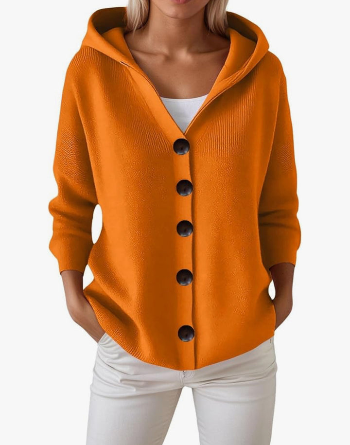 Damen Kapuzen-Strickjacke mit großen Holzknöpfen und seitlichen Eingrifftaschen – Veloura