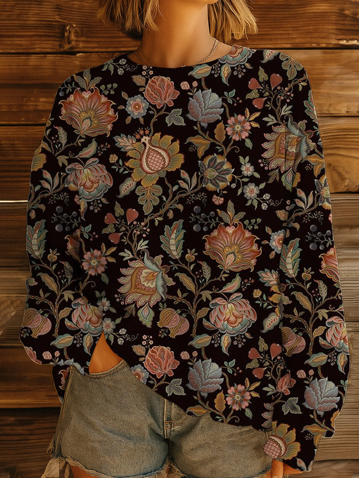 Damen Geblümter Oversize-Sweatshirt-Pullover mit Rundhals und Ballonärmeln – Avérine